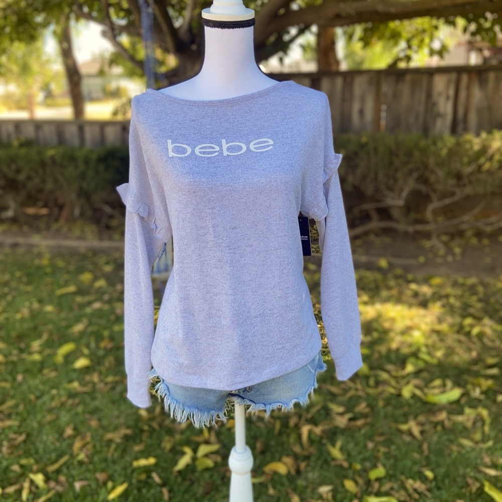 NWT BEBE Gray Cuffed Long Sleeve Ruffled Sleep Top Sweater